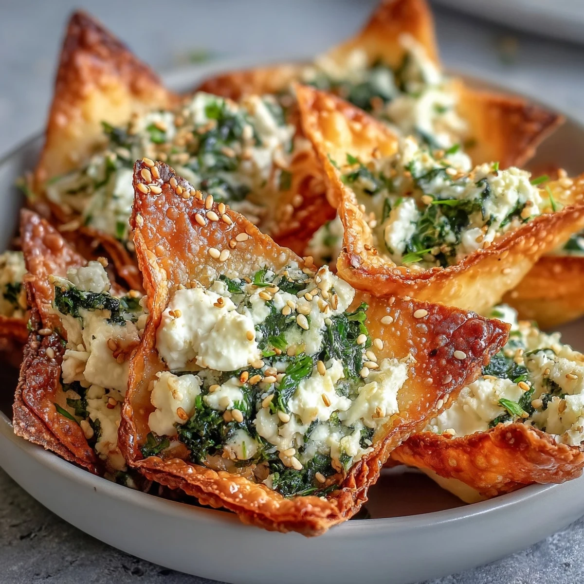 Appetizer platter of Mediterranean spinach and feta crisps served with lemon wedges.