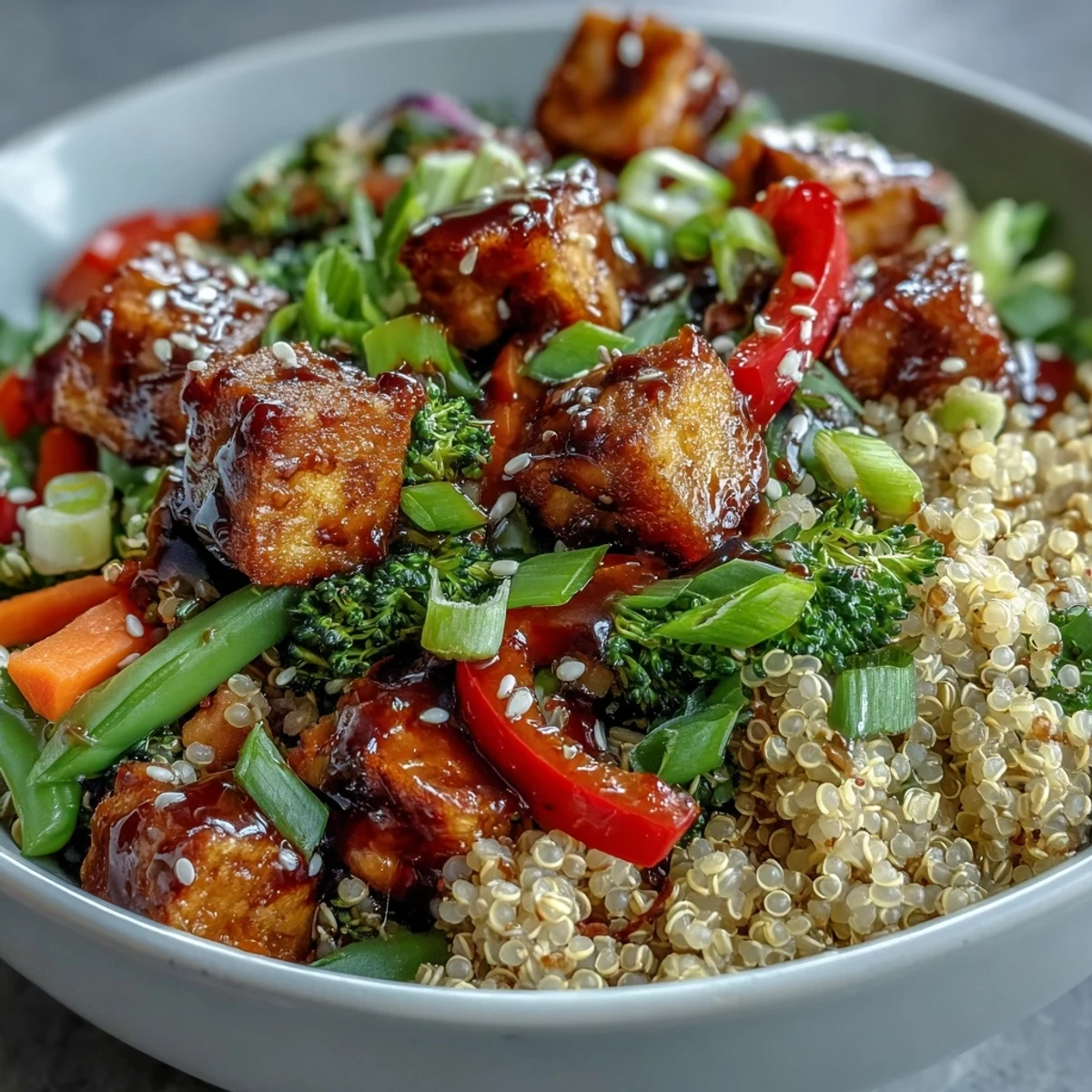 The finished Quinoa Vegetable Teriyaki Bowl garnished with fresh green onions and toasted sesame seeds, showcasing colorful broccoli, peppers, and carrots for a nutritious meal.