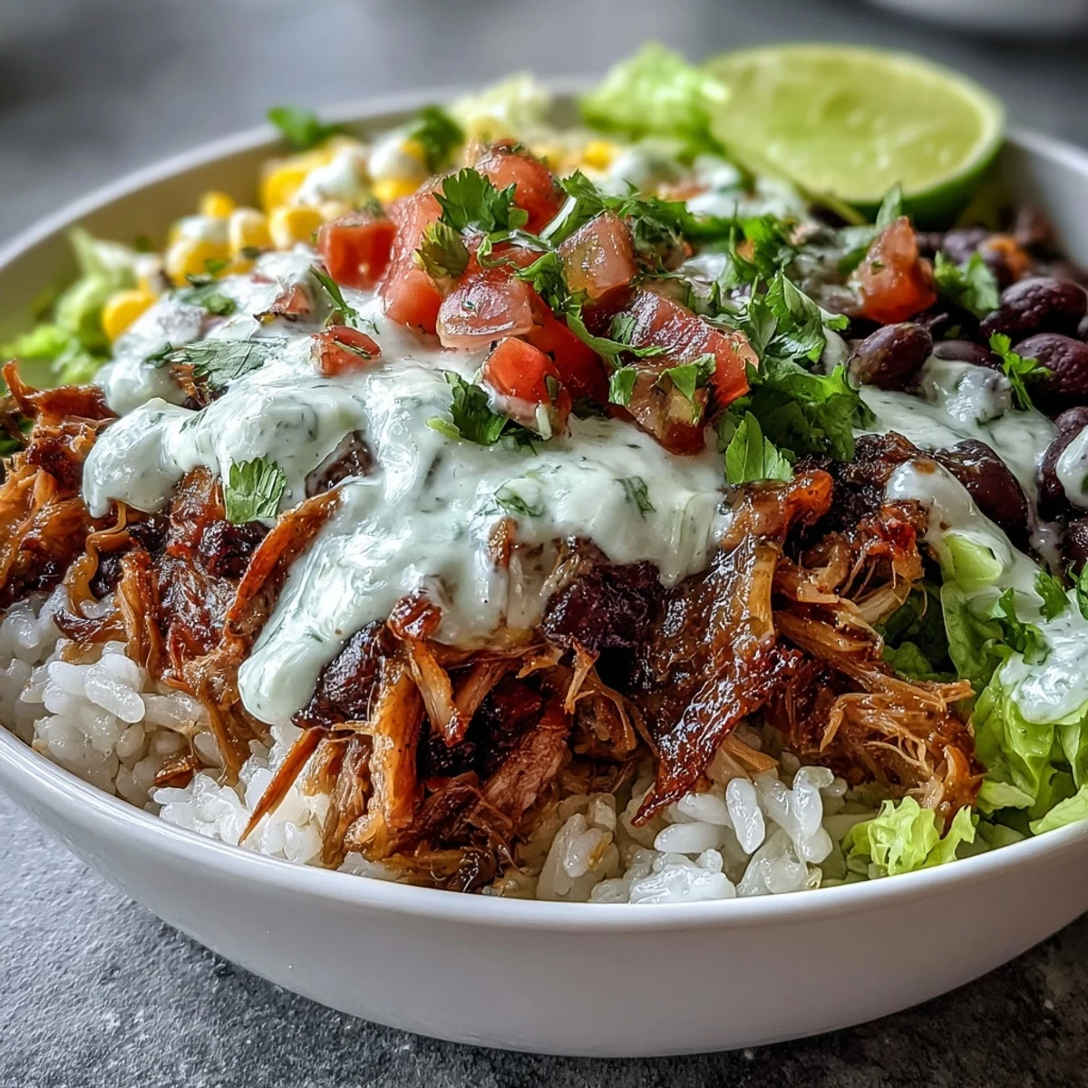 Steamed carnitas burrito bowl with fluffy rice, black beans, and fresh lime crema.