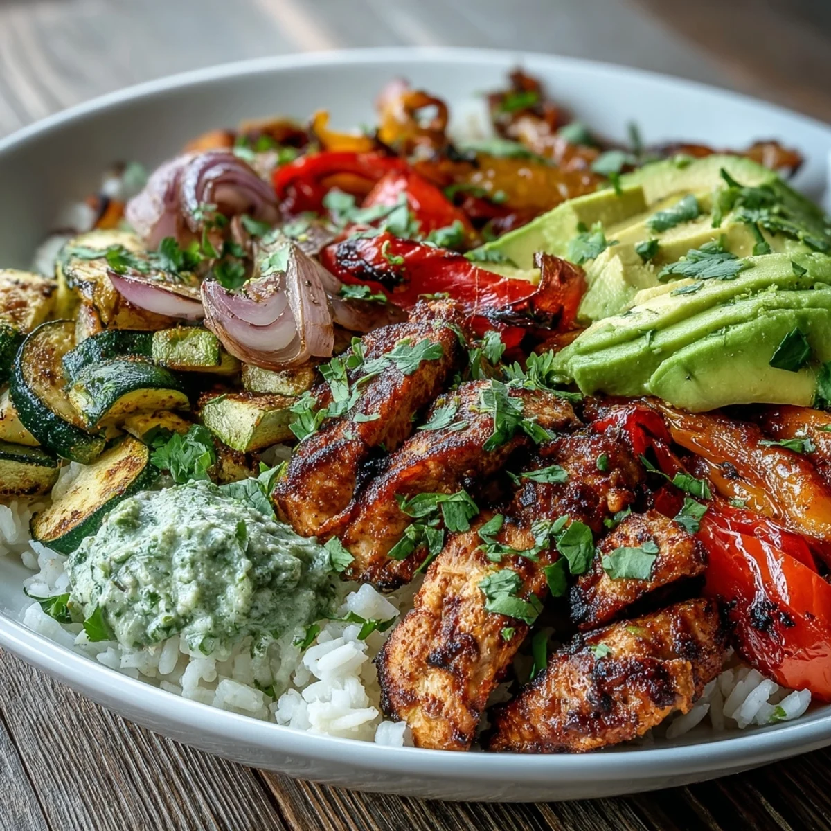 Sizzling Sheet Pan Fajita Bowl topped with avocado, cilantro, and lime wedges for a fresh finish.