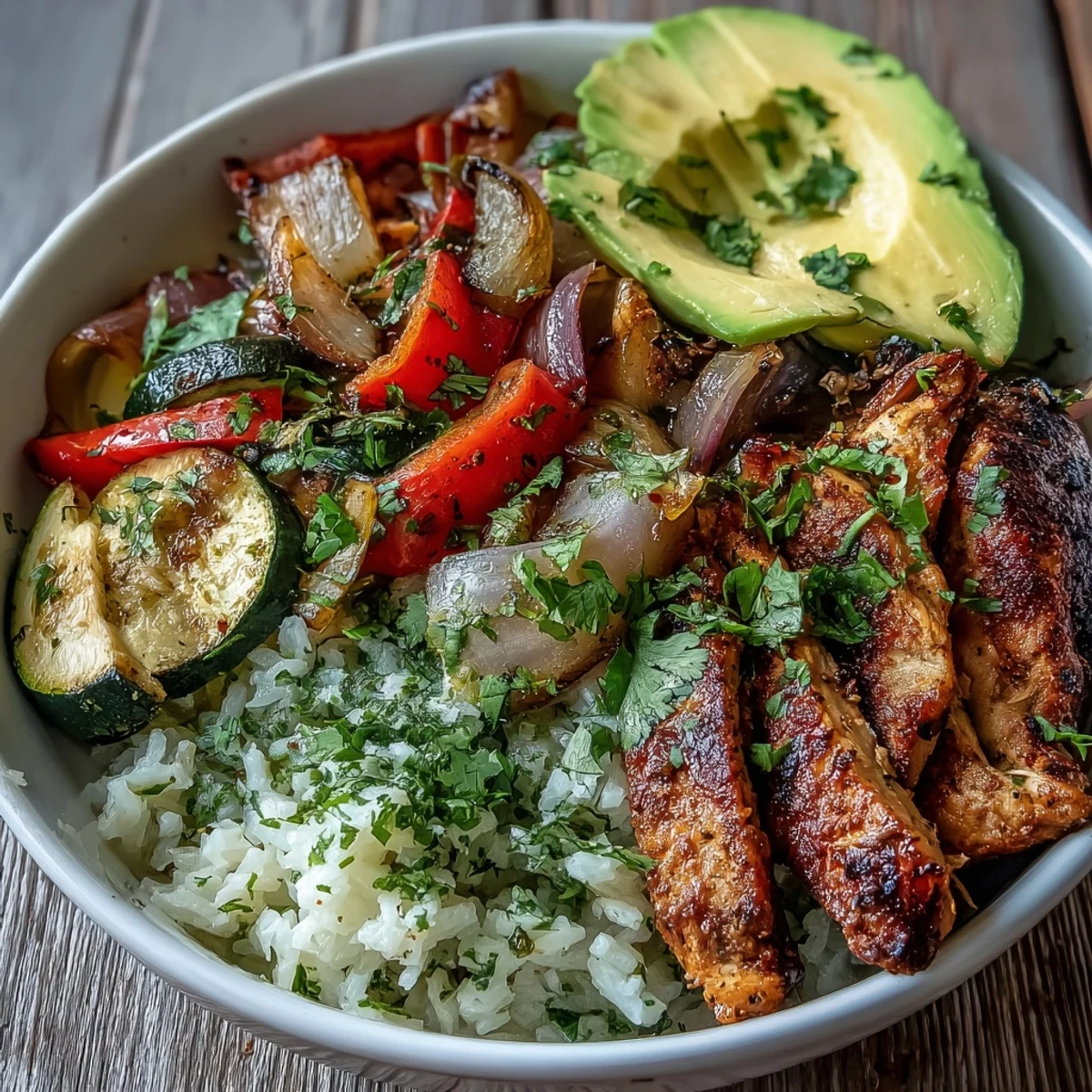 Hearty Sheet Pan Fajita Bowl garnished with pico de gallo and melted dairy-free cheese, ready to serve.