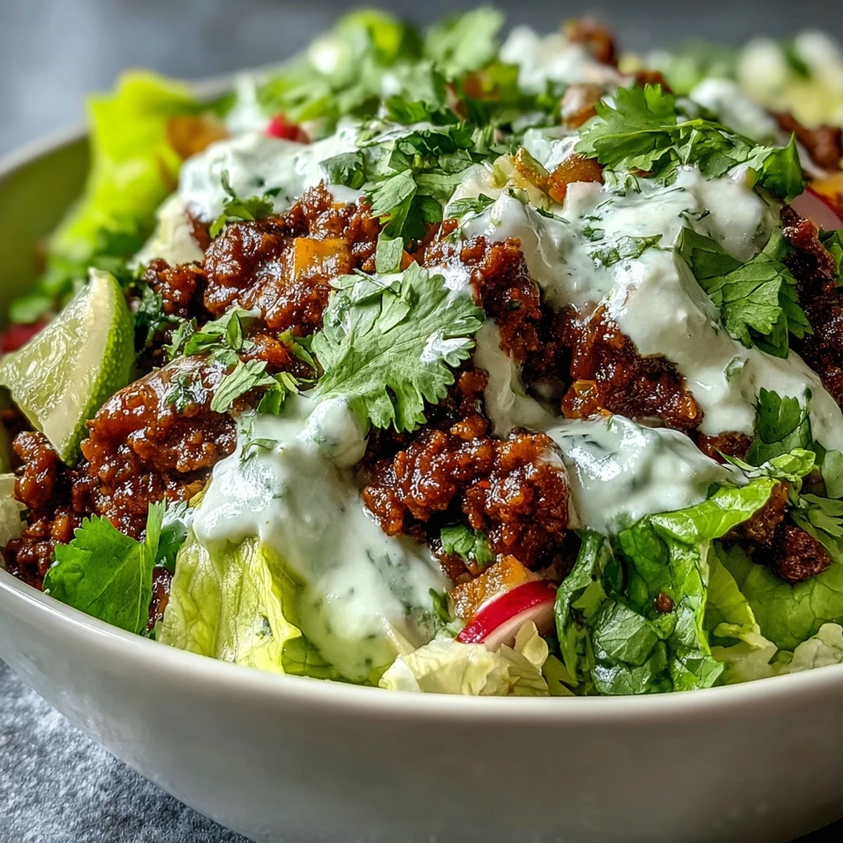 A finished Healthy Taco Bowl topped with seasoned beef, fresh vegetables, and creamy lime yogurt crema.