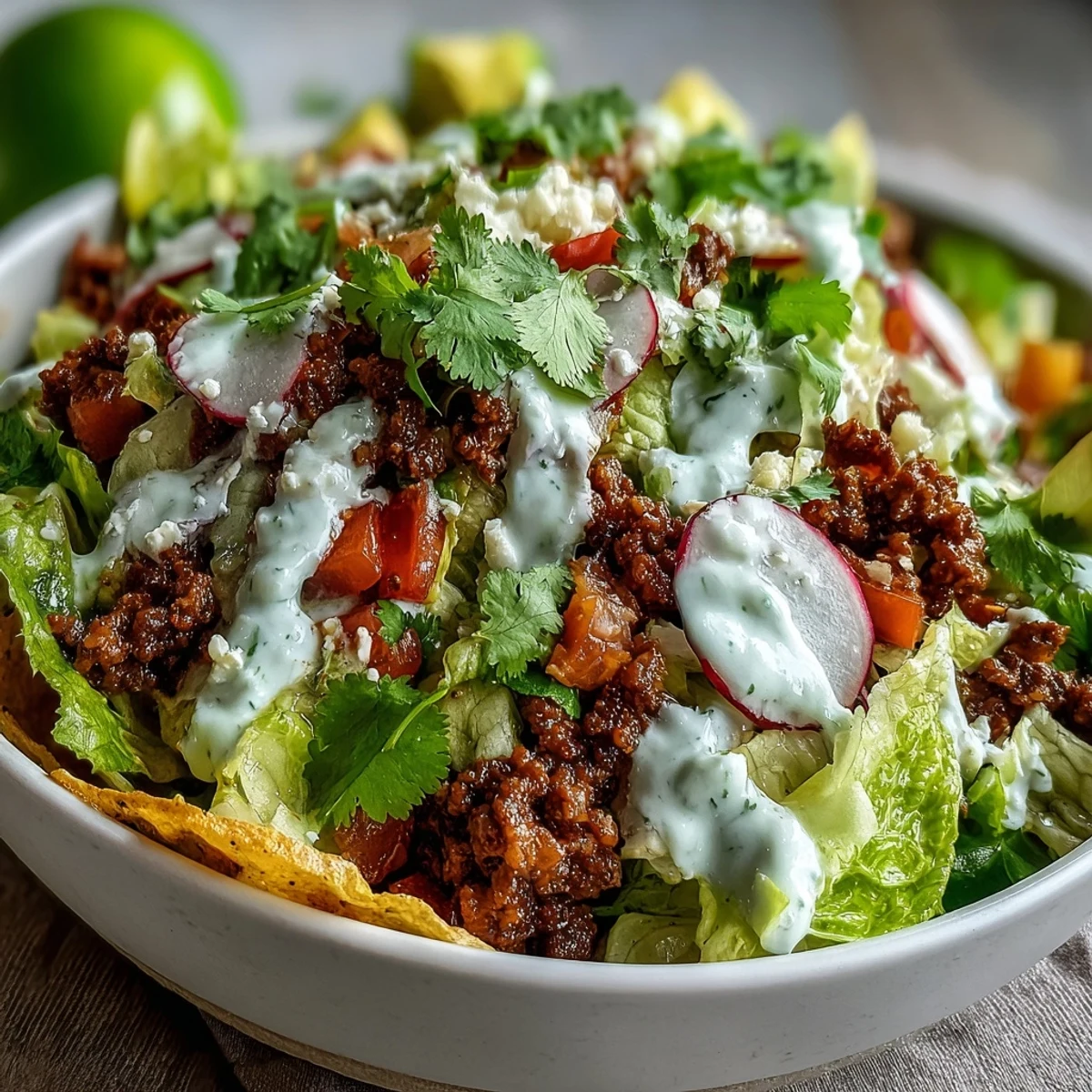 Healthy Taco Bowl layered with crisp romaine lettuce, juicy tomatoes, sliced radishes, and chopped cilantro.