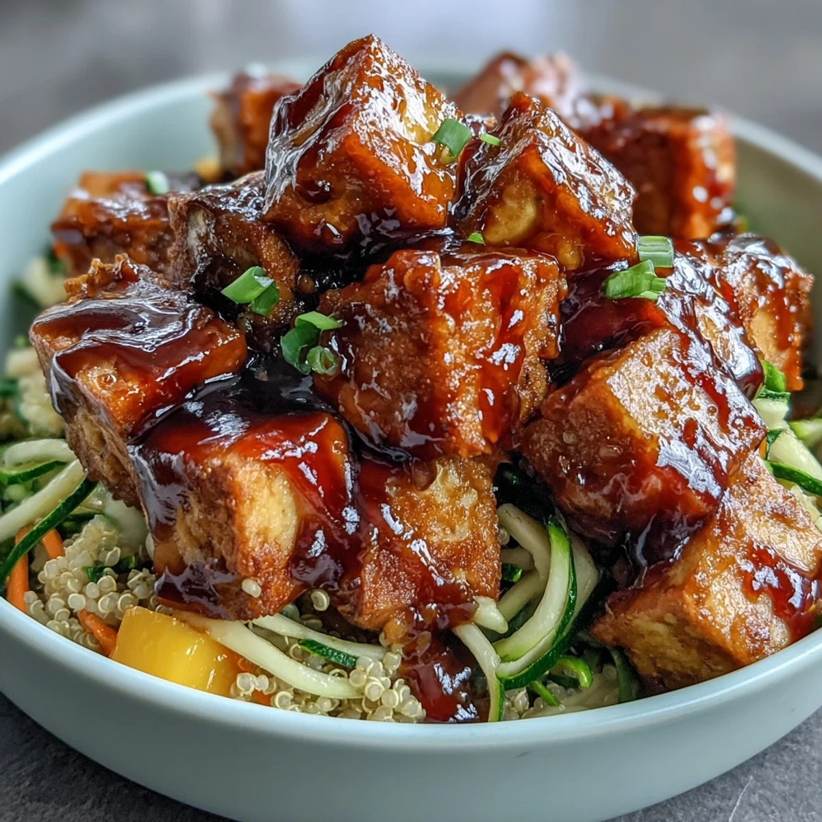 Golden baked tofu cubes, vibrant spiralized carrots and zucchini, and sweet mango chunks over fluffy quinoa in a bowl.