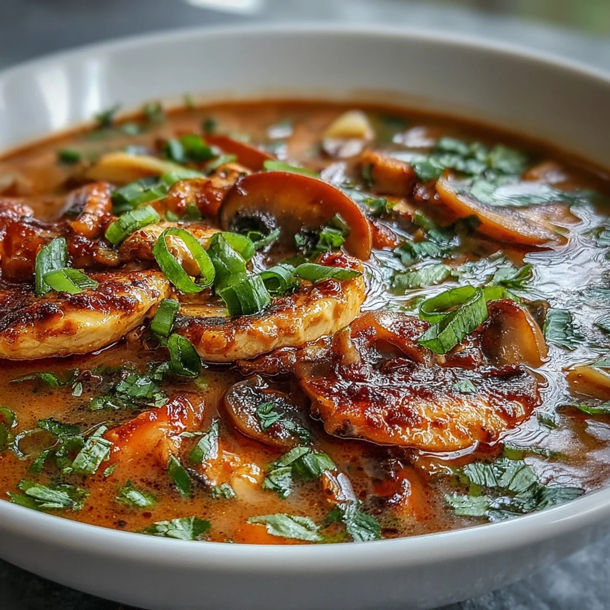 Creamy Thai Coconut Curry Soup Bowl garnished with cilantro and fresh lime. 