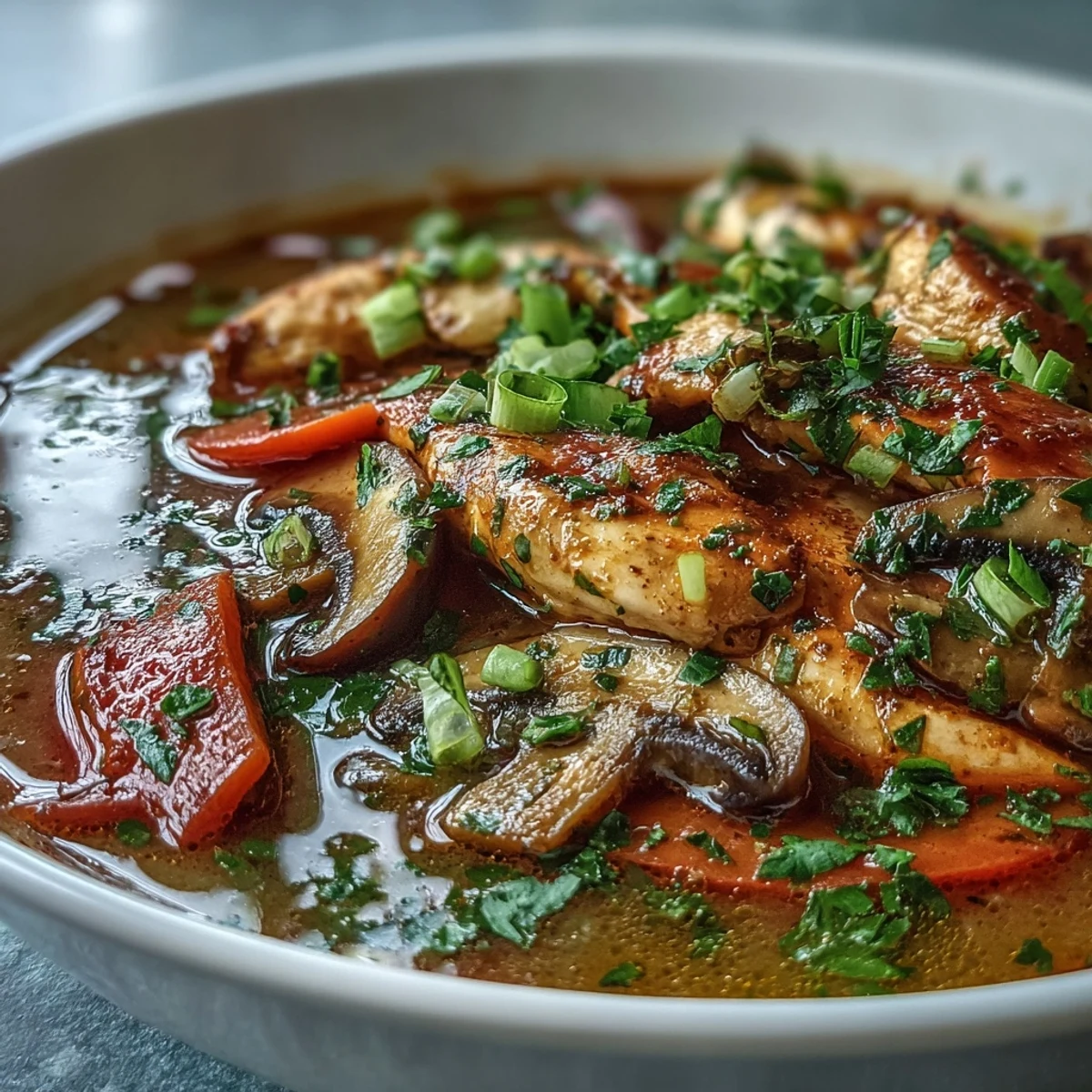Hearty Thai Coconut Curry Soup with mushrooms and carrots in coconut broth.