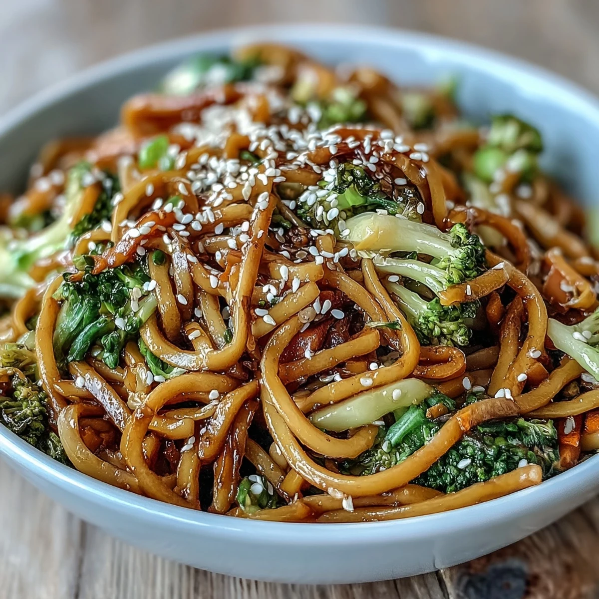 Close-up of steaming Asian Teriyaki Noodle Bowl showing glossy noodles, vibrant orange carrots, and green broccoli florets mixed in a rich homemade teriyaki sauce.