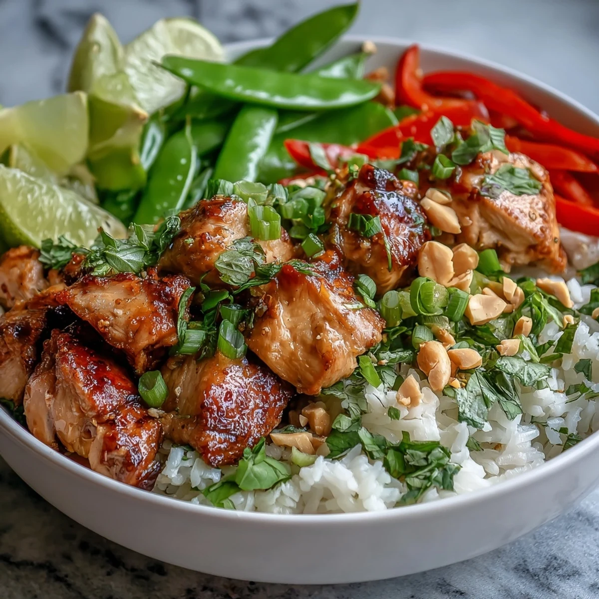 Served Thai Chicken Coconut Bowl in a white bowl, highlighting colorful bell peppers and snap peas.