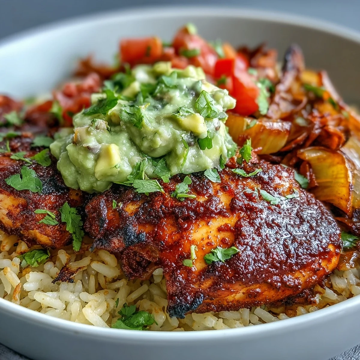 Sheet Pan Chicken Tinga Bowl with smoky chipotle chicken, roasted bell peppers, and fluffy rice topped with chunky avocado salsa.