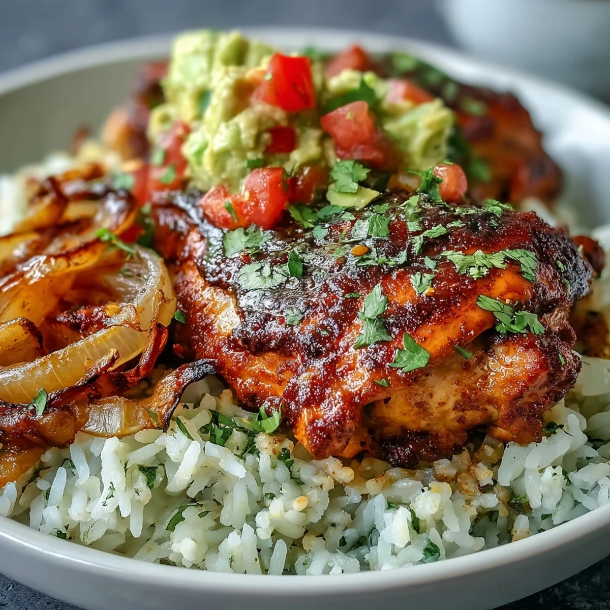 Hot Sheet Pan Chicken Tinga Bowl garnished with fresh cilantro and lime wedges, served in a rustic white bowl.