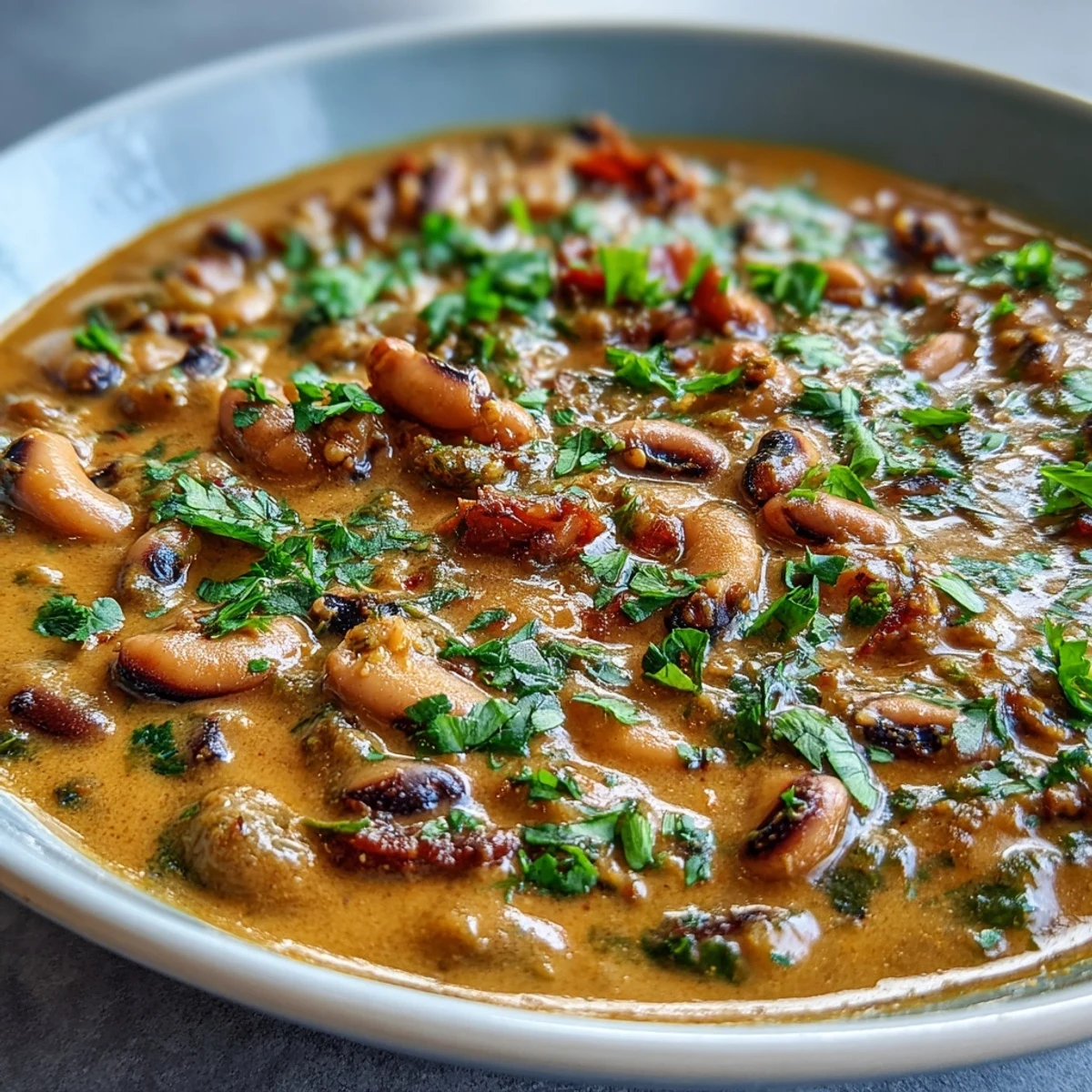 A close-up of a steaming bowl of Black-Eyed Pea Curry, featuring tender peas in a rich, golden coconut milk sauce.