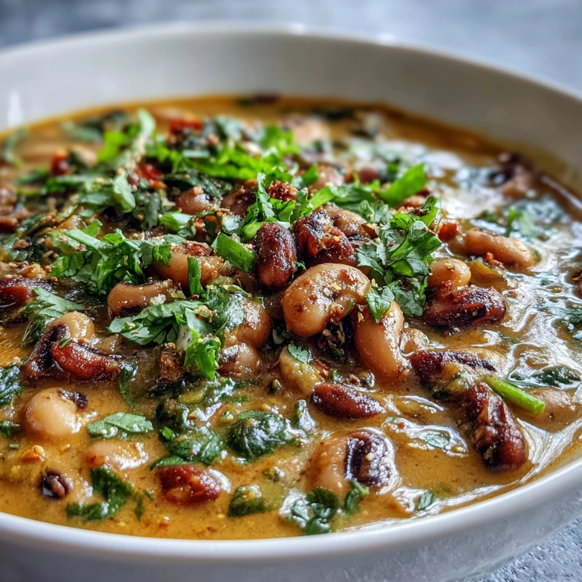 A spoon lifts a portion of vibrant Black-Eyed Pea Curry, revealing tender green peas and spices in a creamy, aromatic sauce.