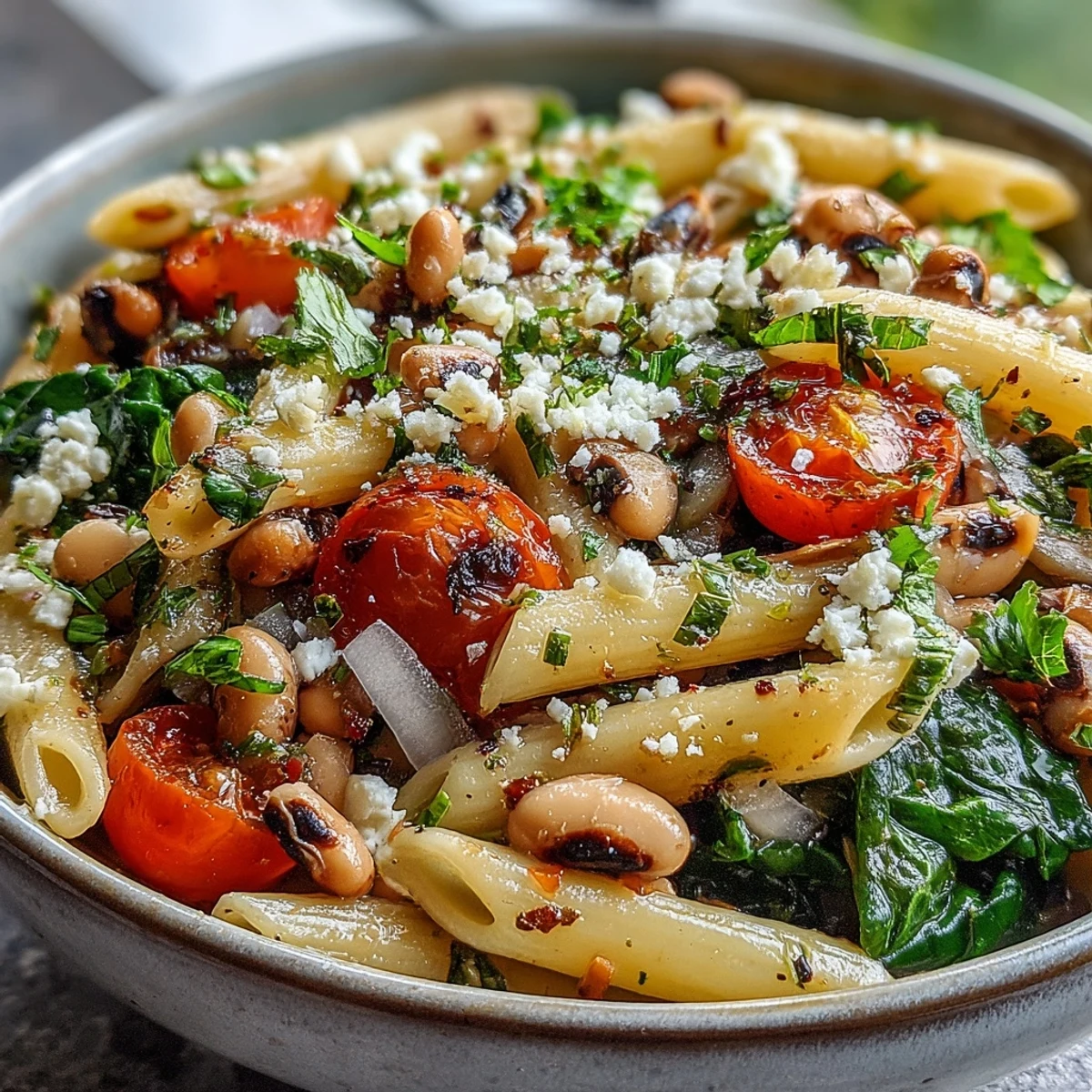 A close-up of Black-Eyed Pea Pasta with al dente penne, wilted spinach, and bright cherry tomatoes in a garlic olive oil sauce.