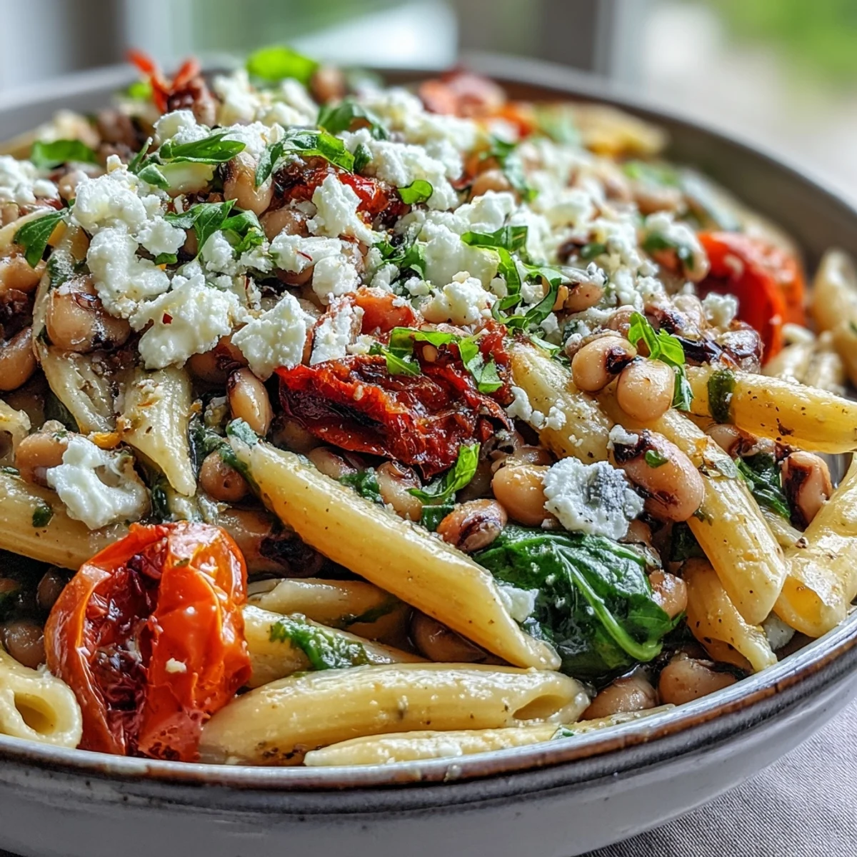 Freshly prepared Black-Eyed Pea Pasta topped with crumbled feta, chopped parsley, and a light lemon zest garnish in a white bowl.