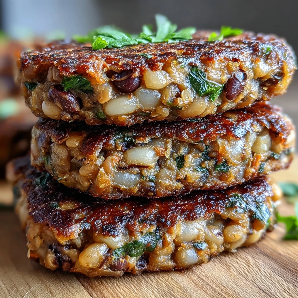A close-up of a Black-Eyed Pea Burger Patty resting on a ceramic plate, garnished with chopped parsley and a side of crisp sweet potato fries.  
