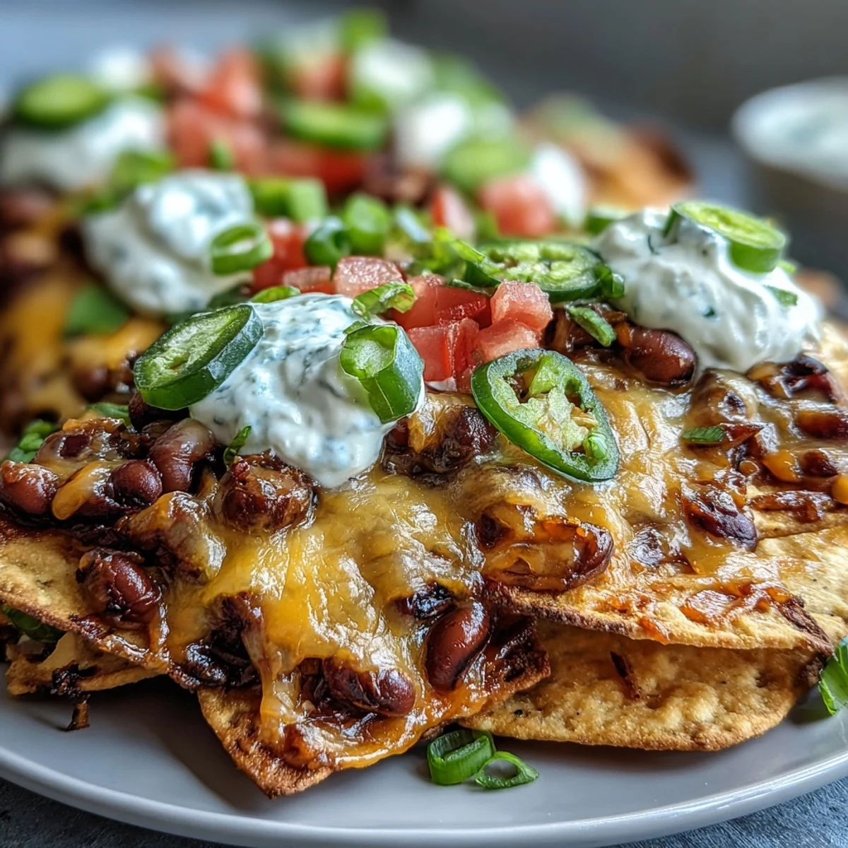 Freshly baked Black-Eyed Pea Nachos piled high on a platter, featuring melty cheddar cheese, sour cream, and vibrant sliced jalapeños.