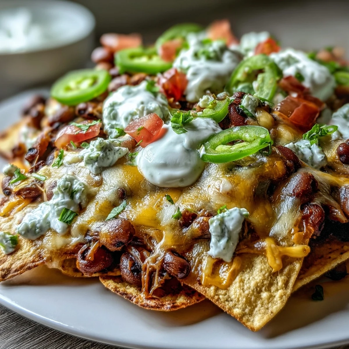 Black-Eyed Pea Nachos served hot from the oven, garnished with green onions and lime wedges for a tangy, Tex-Mex finish.