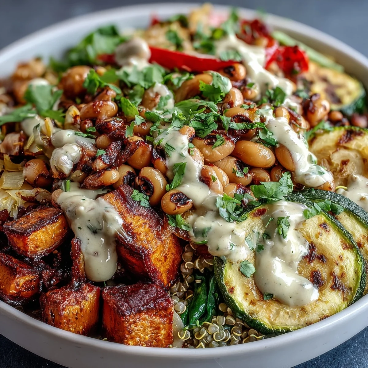 Colorful quinoa and roasted vegetables in a savory Black-Eyed Pea Buddha Bowl garnished with fresh cilantro and sliced avocado.