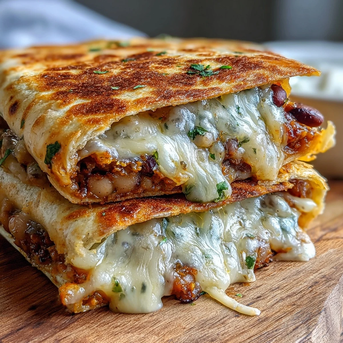 Sizzling Black-Eyed Pea Quesadilla in a skillet, golden and crispy, with a side of sour cream and fresh salsa.