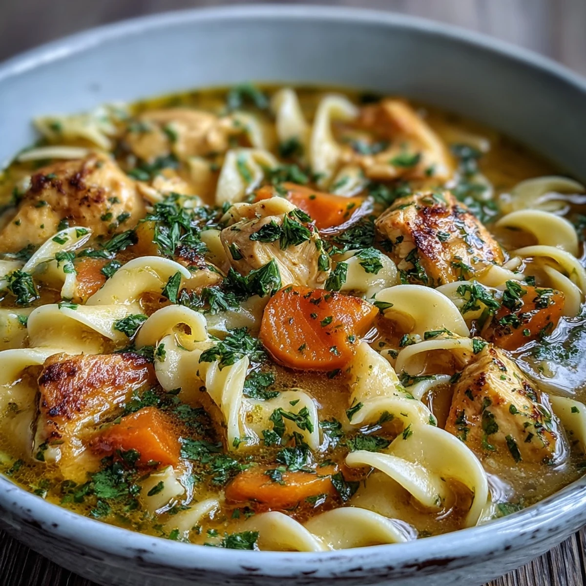 Vibrant golden Ginger Turmeric Chicken Soup with tender chicken and egg noodles.