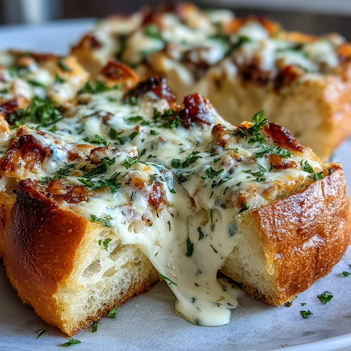 Golden-brown Chicken Alfredo Garlic Bread served hot from the oven on a rustic wooden board.