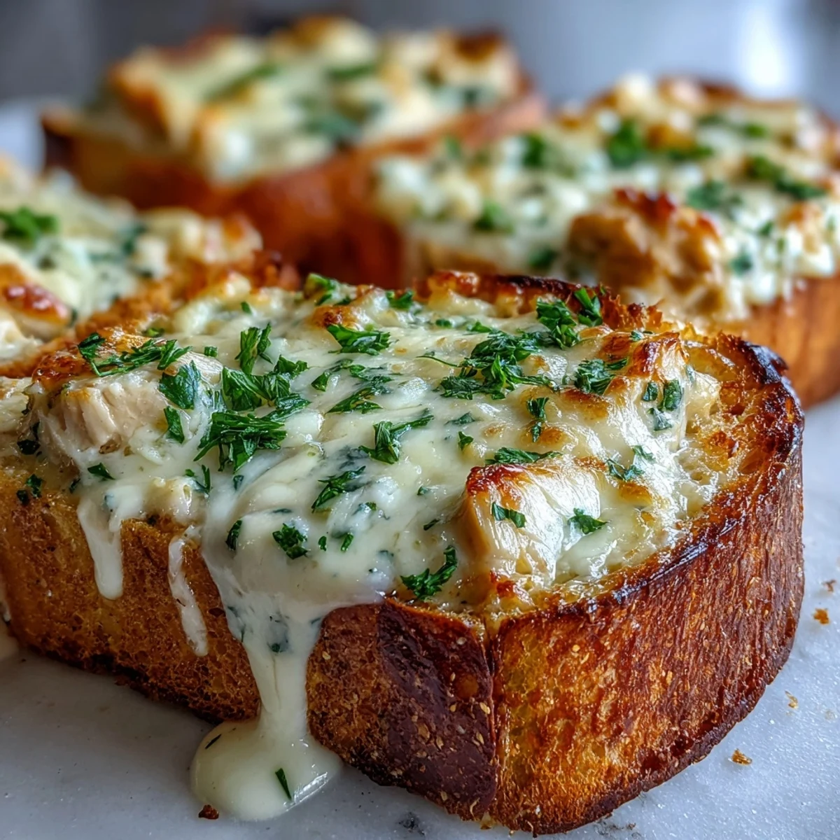 Cheesy Chicken Alfredo Garlic Bread bubbling under the broiler, ready to be sliced and served.