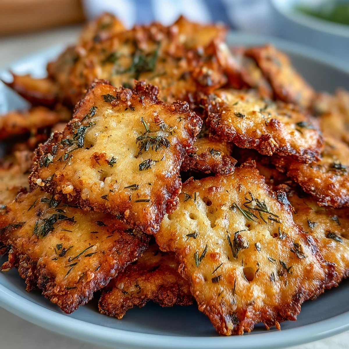 Golden-baked Ranch Oyster Crackers coated in zesty seasoning, served in a rustic bowl for snacking.