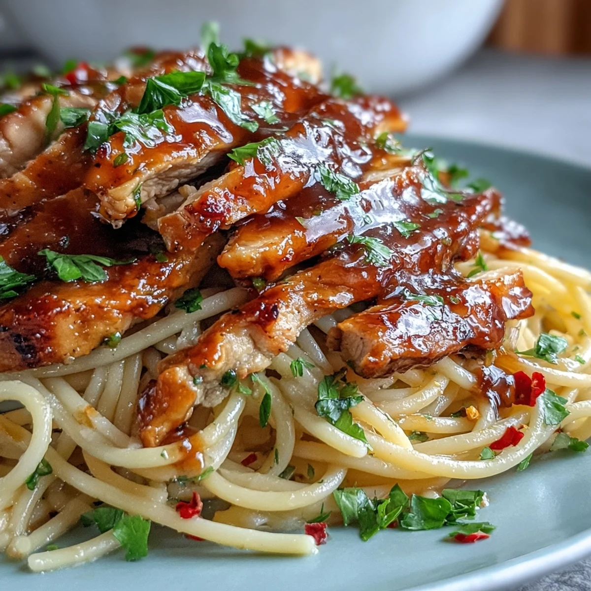 Tender chicken pieces and spaghetti coated in a glossy honey garlic sauce, topped with fresh parsley and red pepper flakes.