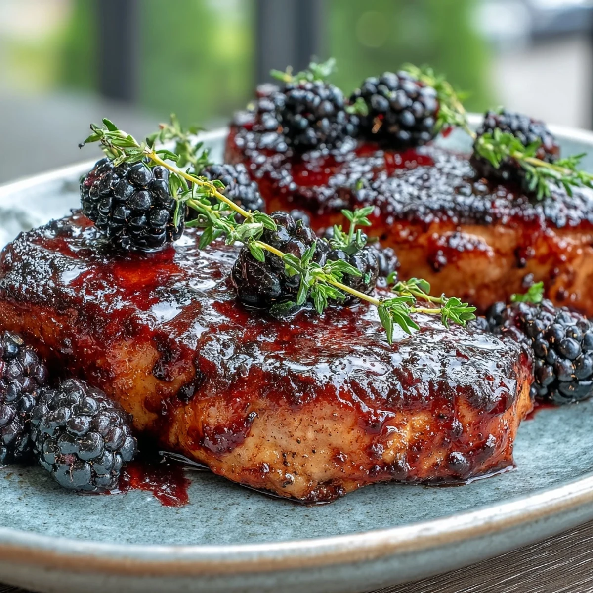Pan-seared Bourbon Blackberry Pork Chops on a plate, drizzled with a glossy, deep purple glaze and fresh thyme.