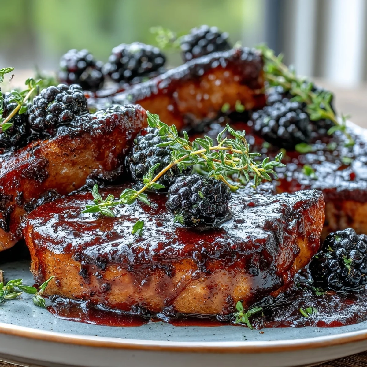 Tender Bourbon Blackberry Pork Chops topped with sweet blackberries and a rich, tangy sauce, ready for a weeknight dinner.