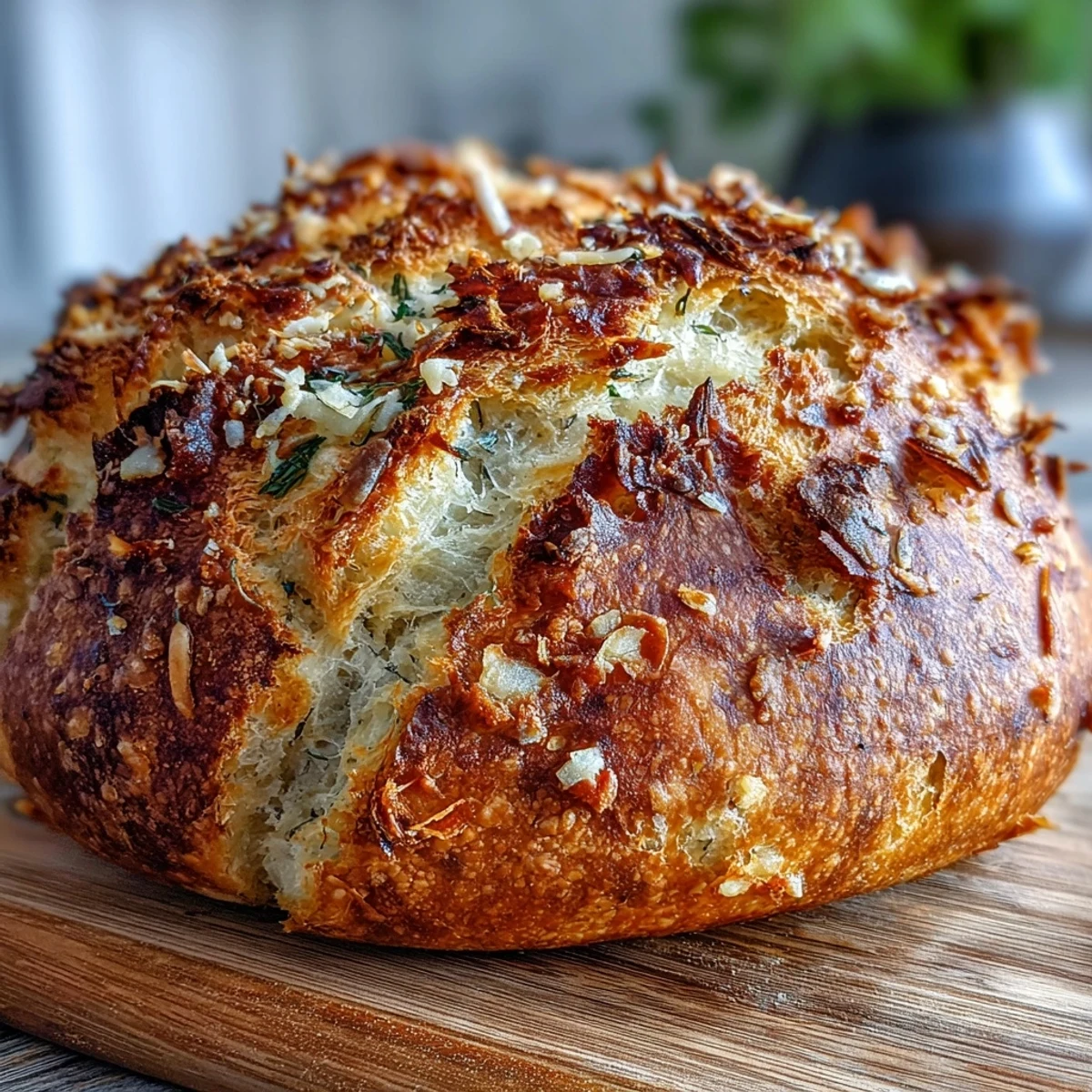 Perfect Parmesan Garlic Artisan Bread with a golden, crackly crust and bubbly interior on a wooden board.