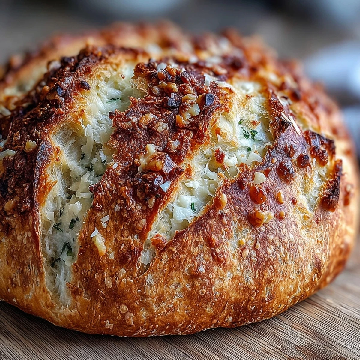 A rustic loaf of Perfect Parmesan Garlic Artisan Bread served warm, ready for dipping in olive oil.