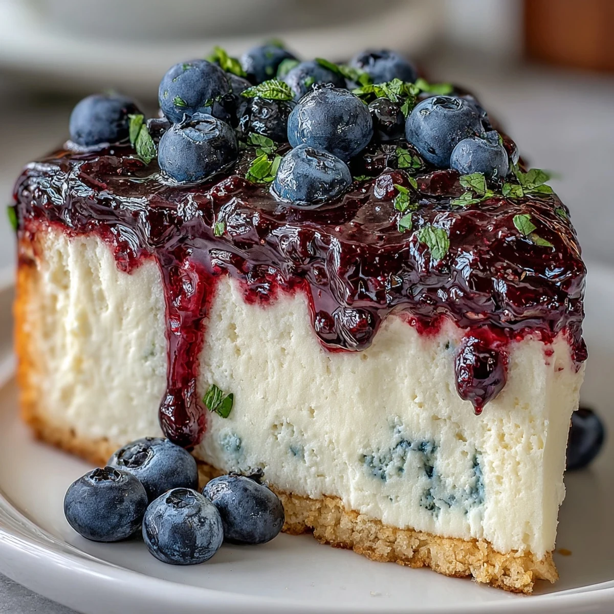 A slice of Lemon Blueberry Shortbread Mousse Cake reveals its buttery crust, fluffy lemon mousse, and vibrant blueberry swirl.