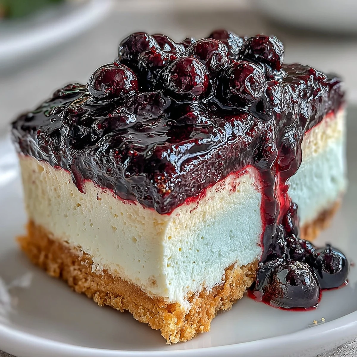 The top view of a Lemon Blueberry Shortbread Mousse Cake highlights fresh blueberries and a rich lemon glaze.