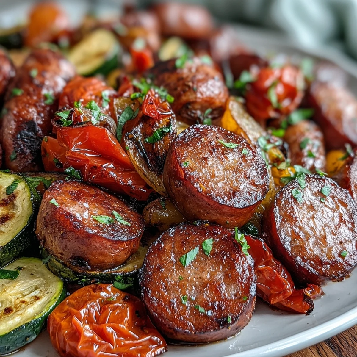 Golden-brown smoked sausage and colorful roasted vegetables from Smoky Sheet Pan Sausage & Veggies with Naan spill from a sheet pan.