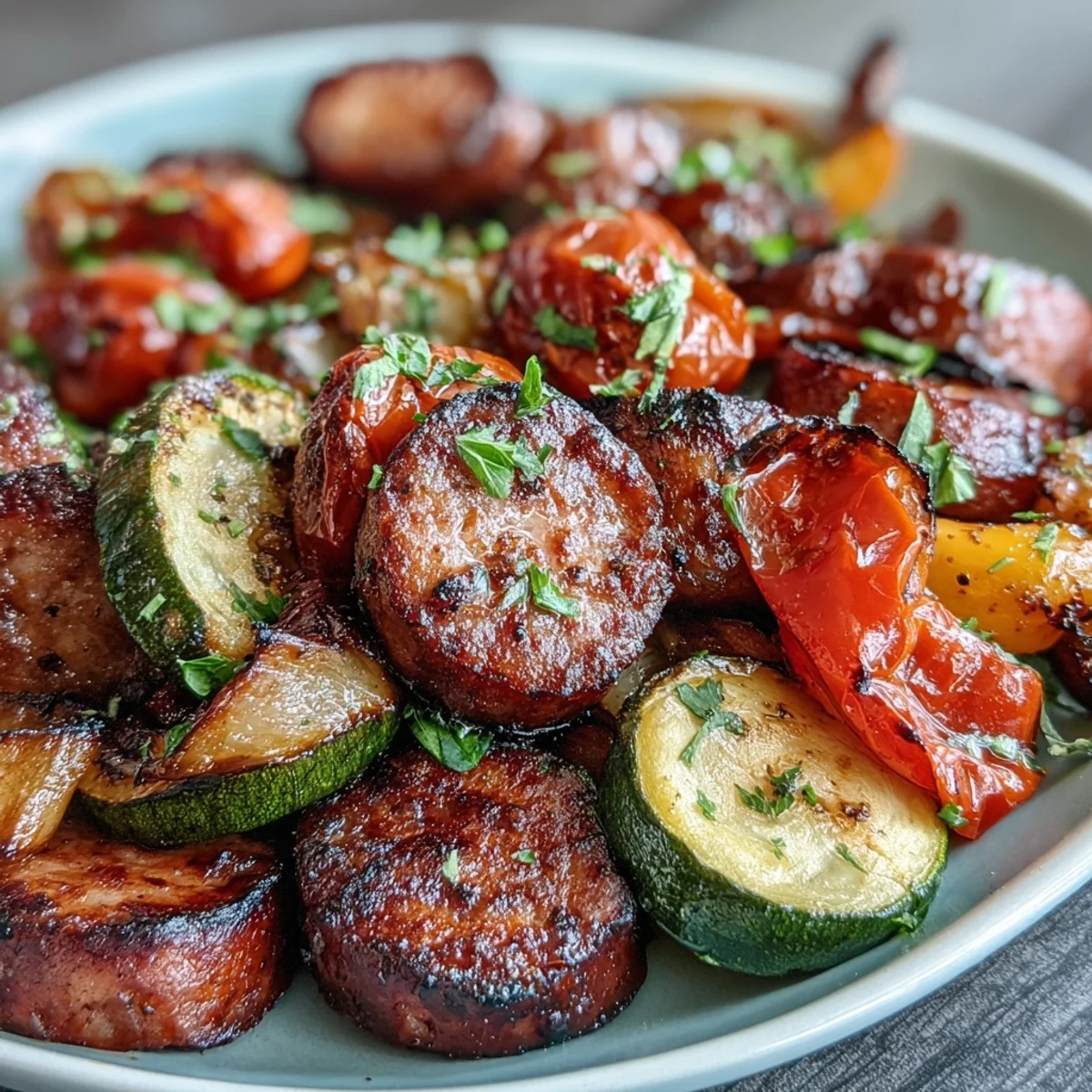 A close-up of Smoky Sheet Pan Sausage & Veggies with Naan shows caramelized onions and peppers next to savory sausage slices.