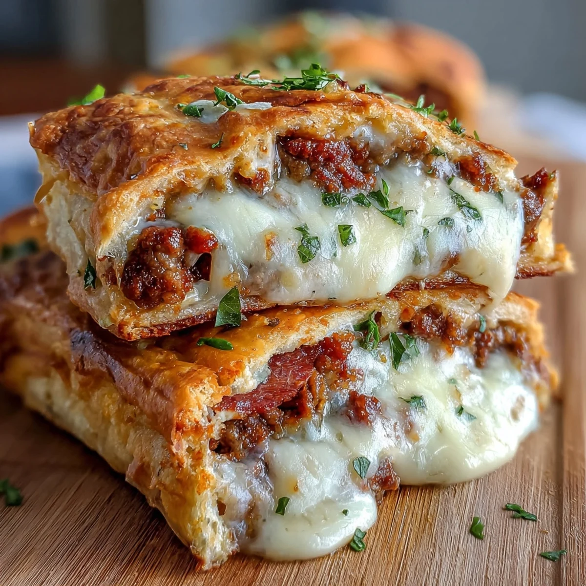 Golden-baked Baked High-Protein Pepperoni Stromboli sliced open on a cutting board, revealing layers of melted mozzarella and savory ground beef.