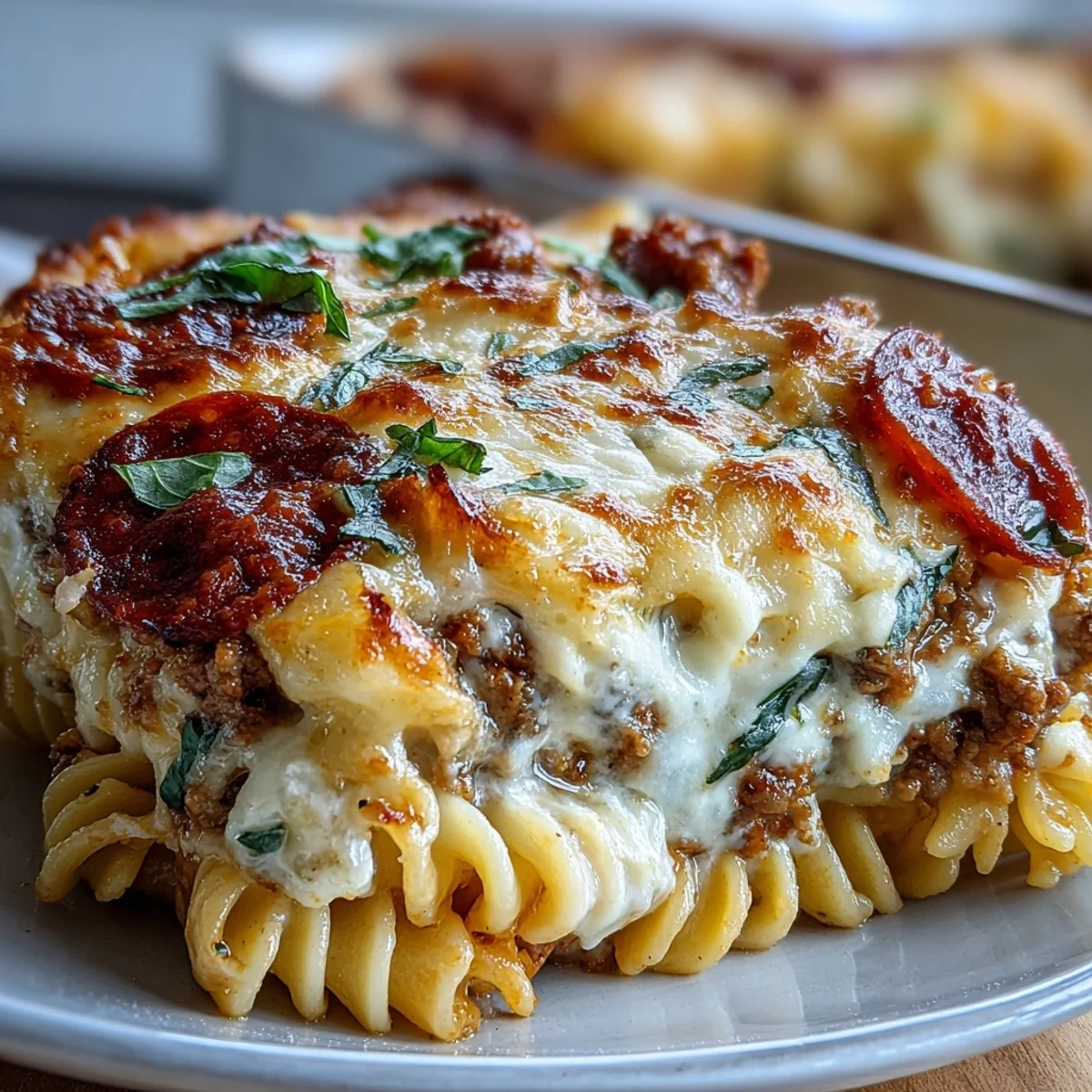 Steam rises from a serving of High-Protein Pizza Pasta Bake, revealing a creamy, cheesy texture inside a casserole dish.