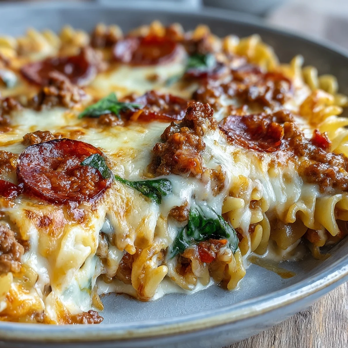 Family-style High-Protein Pizza Pasta Bake plated with a fresh green salad, ready for a satisfying weeknight dinner.