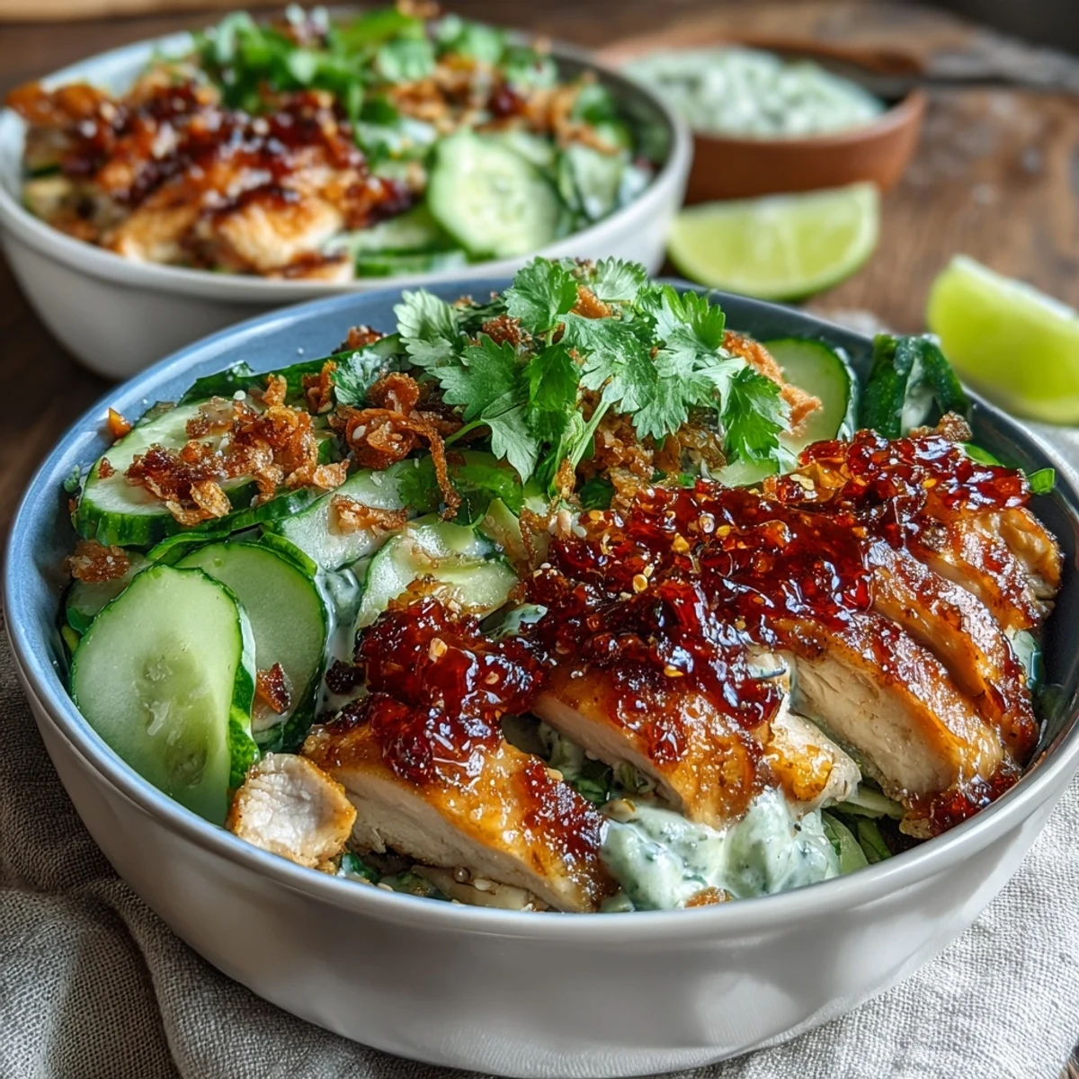 Freshly prepared TikTok Chili-Crisp Cucumber Chicken Bowls feature juicy chicken, cool cucumbers, and vibrant green onions with a spoonful of spicy chili crisp.