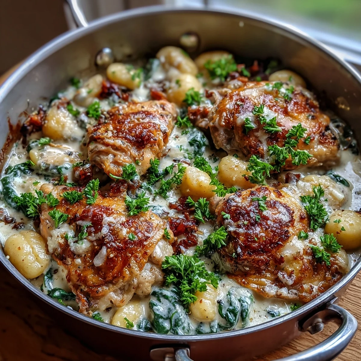 Tender chicken, gnocchi, and fresh spinach sit in a luscious garlic cream sauce, garnished with parsley and extra Parmesan cheese.