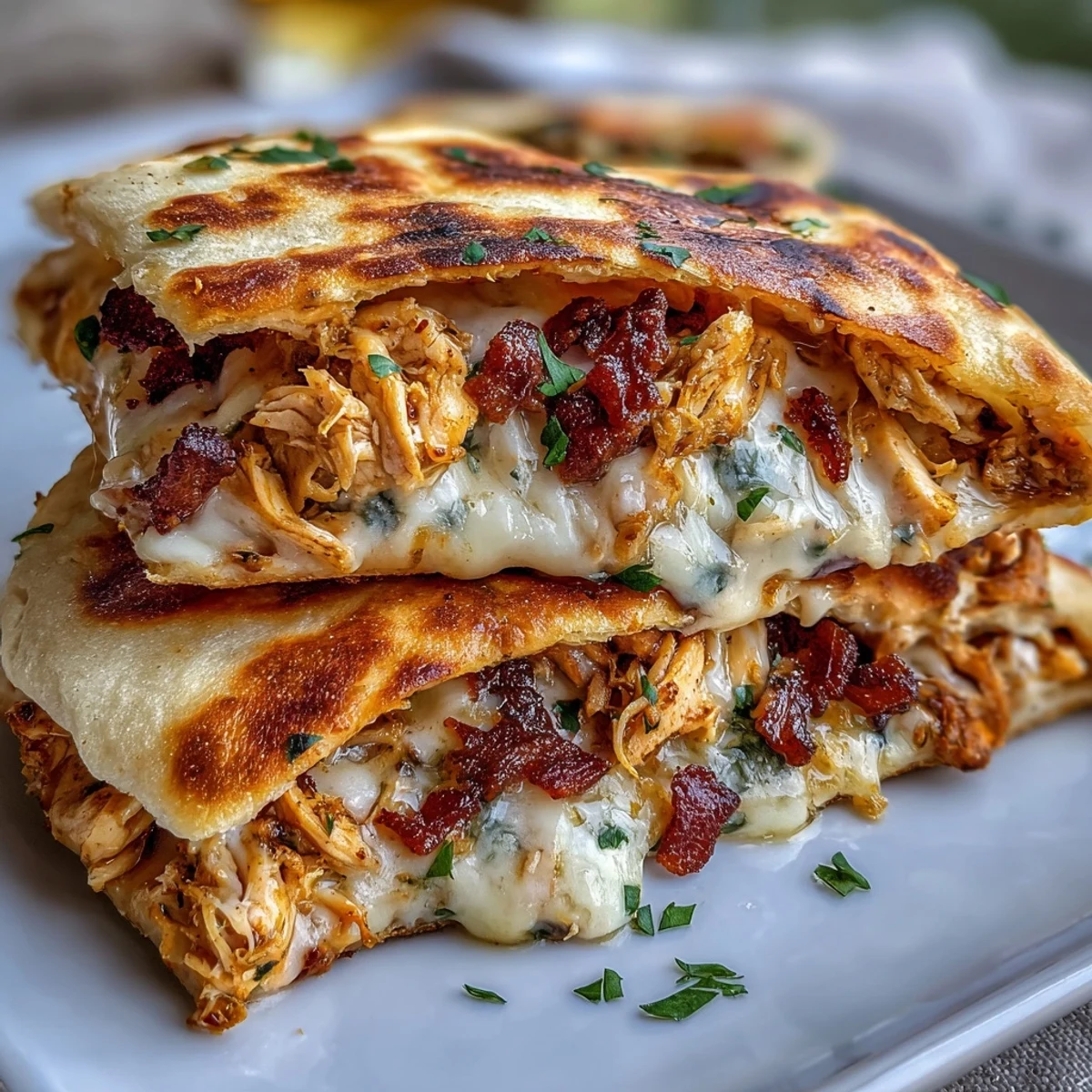 Golden grilled Ranch Crack Chicken Stuffed Naan with melted cheddar and bacon