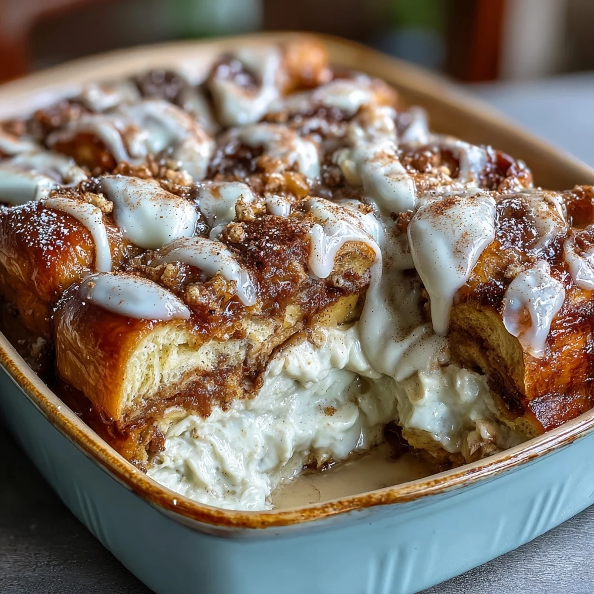 Golden wedges of Cream Cheese Swirl Cinnamon Roll French Toast Bake show a gooey, creamy swirl and caramelized sugar topping on a plate.
