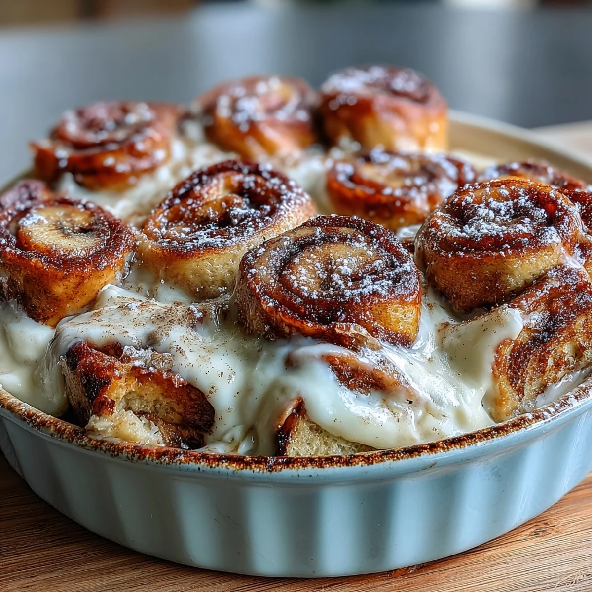 Freshly baked Cream Cheese Swirl Cinnamon Roll French Toast Bake is pulled from the oven, puffed and golden brown in a dish.