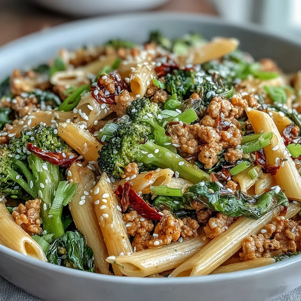 Sweet & Spicy Turkey Broccoli Pasta tossed with penne, tender turkey, and crisp broccoli in a glossy, aromatic sauce, served steaming hot.