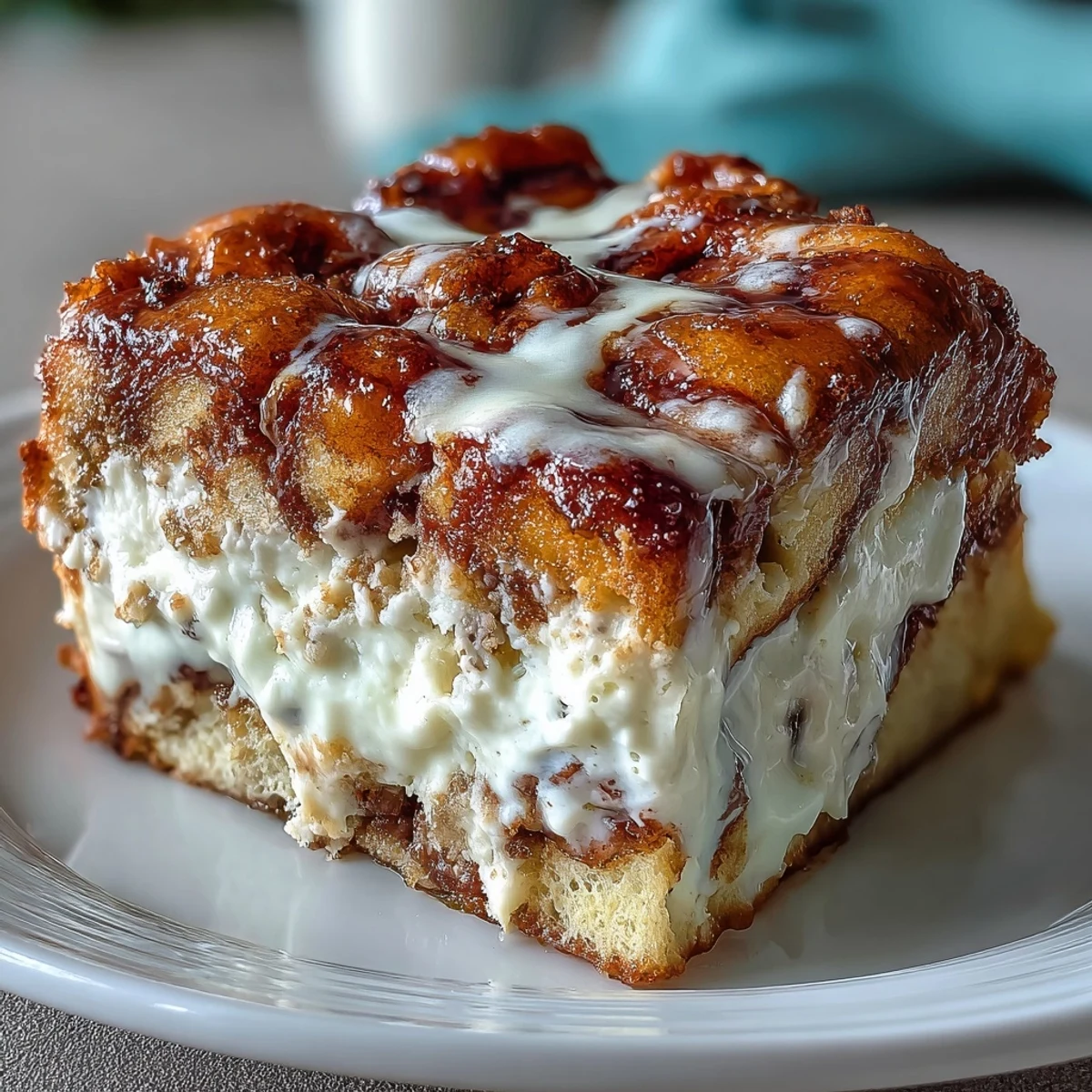 Freshly baked Cream Cheese Swirl Cinnamon Roll French Toast Bake with a golden crust and melty banana layers.