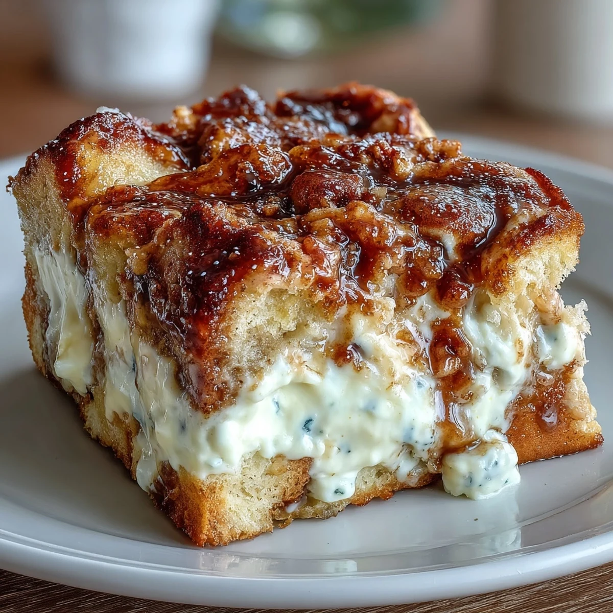 Serving Cream Cheese Swirl Cinnamon Roll French Toast Bake warm for a decadent American breakfast or brunch spread.