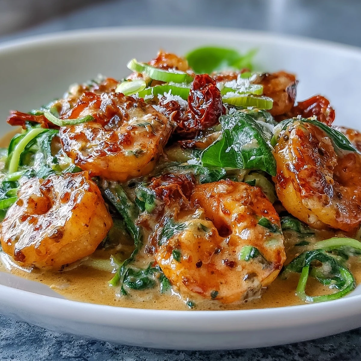 Keto Creamy Garlic Tuscan Shrimp with Zucchini Noodles served in a skillet, garnished with fresh parsley and rich creamy sauce.