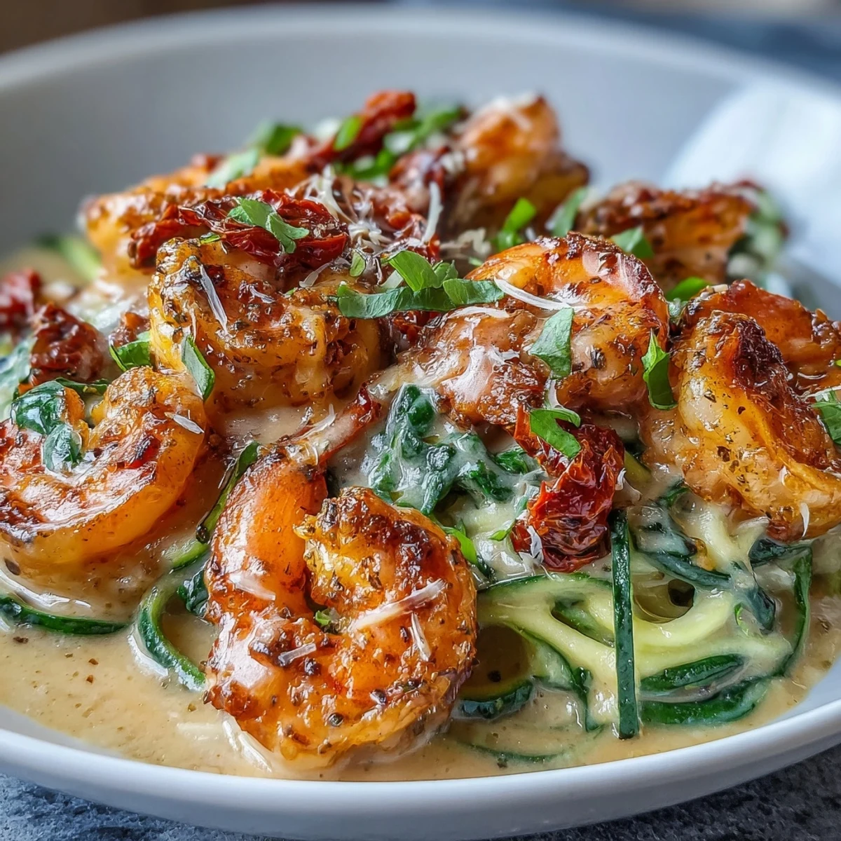 Tender shrimp coated in a garlic cream sauce with sun-dried tomatoes and spinach, paired with low-carb zucchini noodles on a plate.