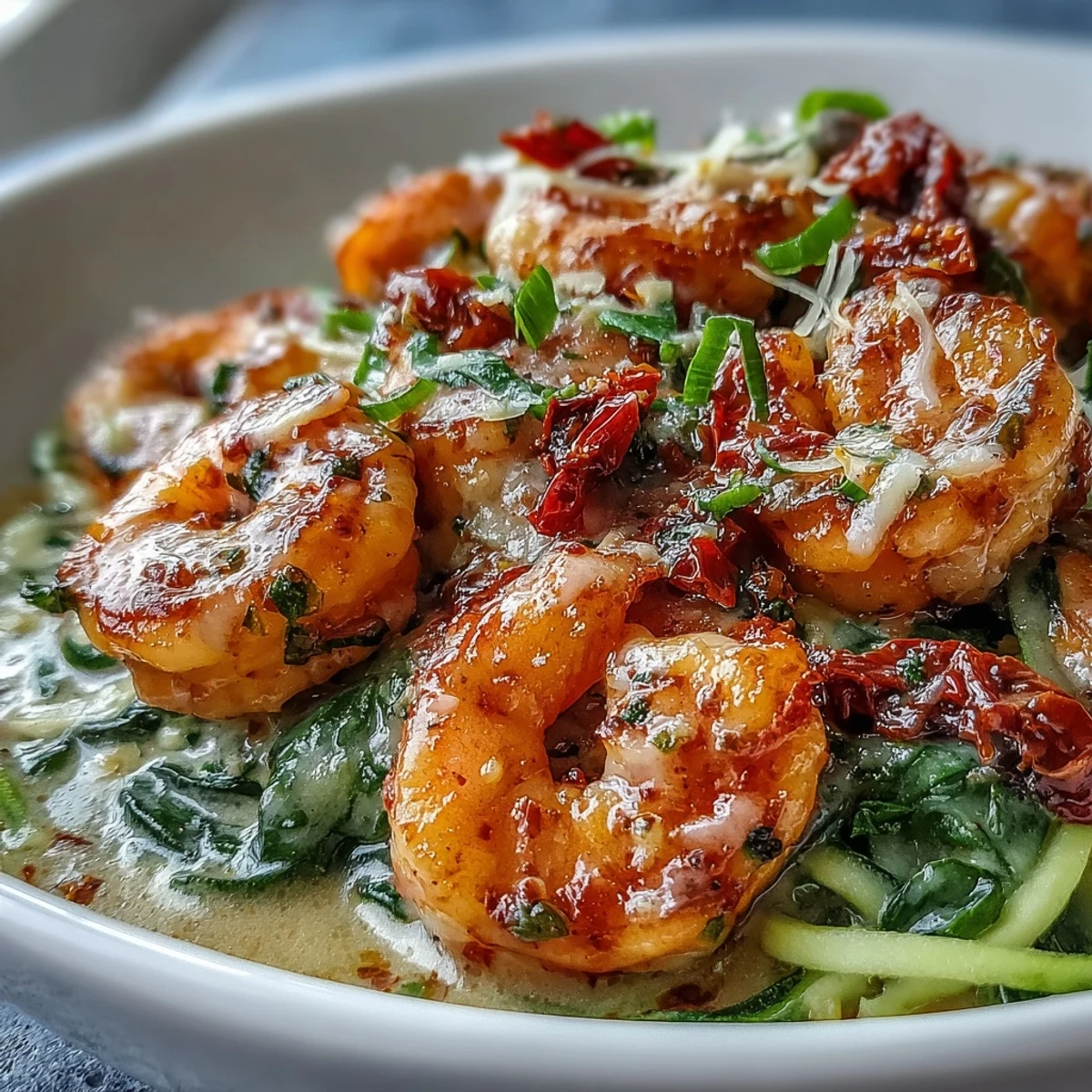 Freshly spiralized zucchini noodles tossed with Keto Creamy Garlic Tuscan Shrimp, topped with grated Parmesan and vibrant spinach.